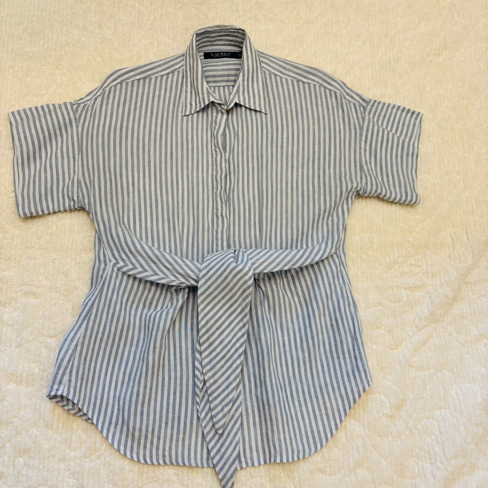 Ralph Lauren Classic Blue White Button Down Linen Shirt, Petite Small